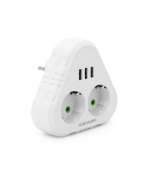 Розетка трійник із заземленням F202-White, 2 розетки+3USB(1А), 2500W, 10A, 110-250V~Max, Blister