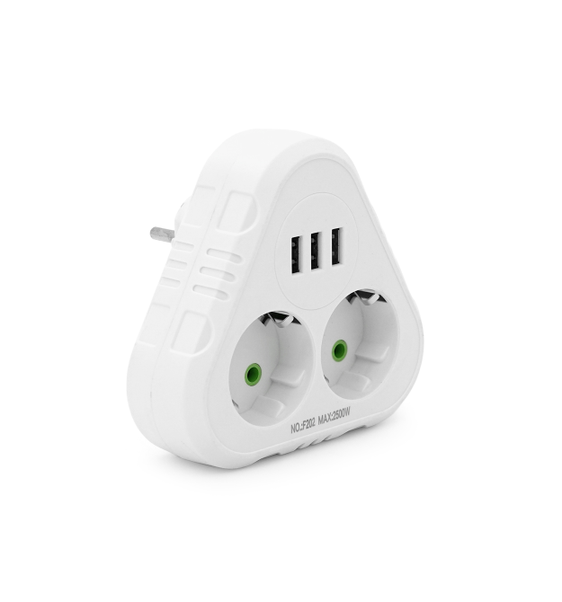 Розетка трійник із заземленням F202-White, 2 розетки+3USB(1А), 2500W, 10A, 110-250V~Max, Blister