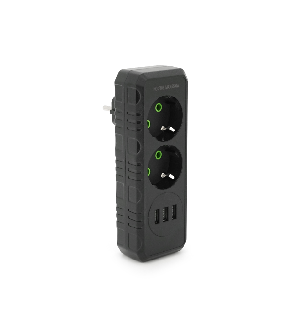 Розетка трійник із заземленням F102-Black, 2 розетки+3USB(1А), 2500W, 10A, 110-250V~Max, Blister