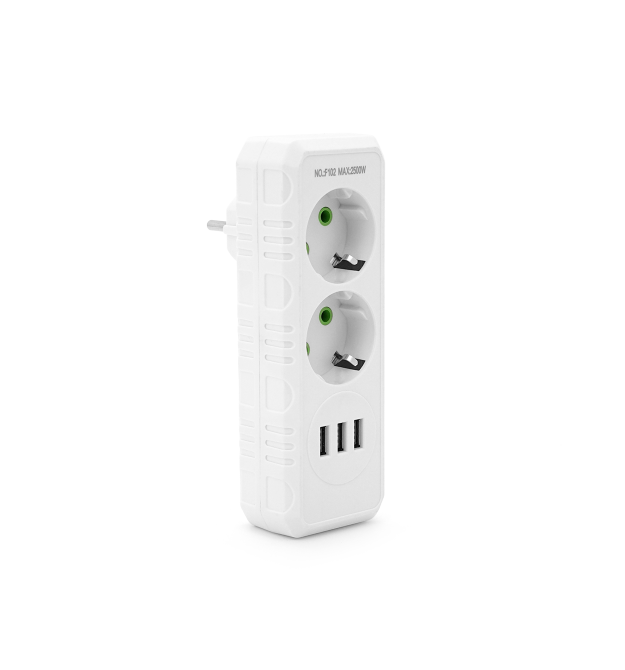 Розетка трійник із заземленням F102-White, 2 розетки+3USB(1А), 2500W, 10A, 110-250V~Max, Blister