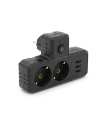 Розетка трійник Т-подібний із заземленням F302-Black, 2 розетки+3USB(1А), 2500W, 10A, 110-250V~Max, Blister