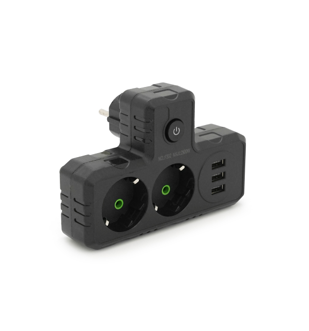 Розетка трійник Т-подібний із заземленням F302-Black, 2 розетки+3USB(1А), 2500W, 10A, 110-250V~Max, Blister