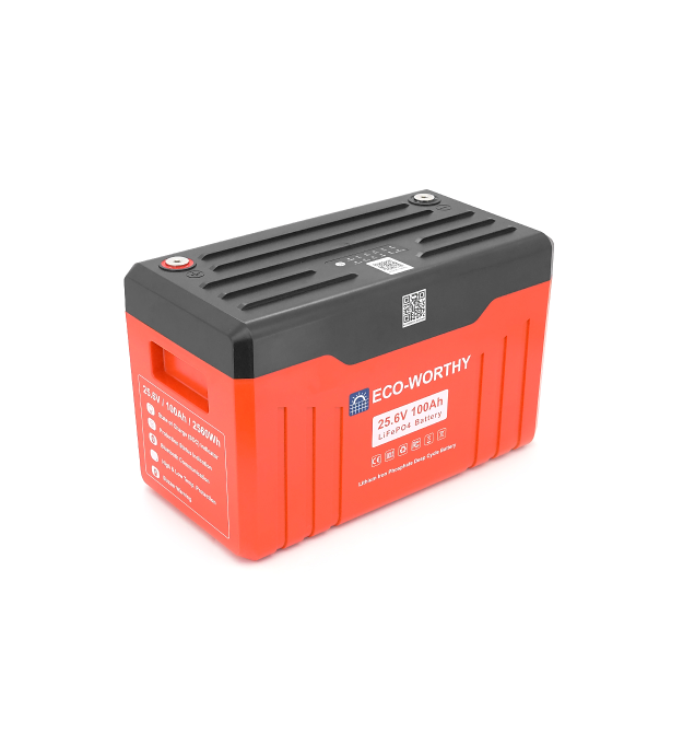 Акумуляторна батарея Eco-Worthy LiFePO4 25,6V 100Ah,(100 - 100A), 0C до 60C, індикатор заряду, винт M8, 414*215*260 мм. 18 кг