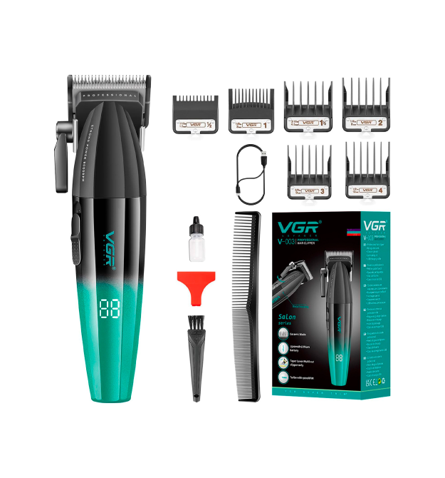 Тример VGR V-003, 6 насадок, регулятор висоти, LED display, 9000 RPM, акумулятор 2500mAh, Black - Green, Box