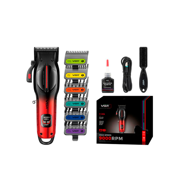 Тример VGR V-026, 6 насадок, LED display, 9000 RPM, акумулятор 2500mAh, Black - Red, Box