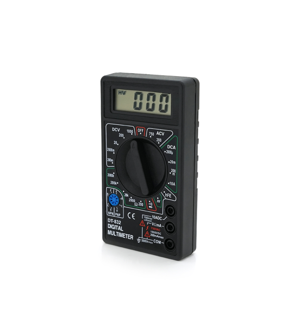 Мультиметр DT-832. Вимірювання: V, A, &ampOmega. Функції: hFE, продзвонювання, тест діодів, перевірка транзисторів.