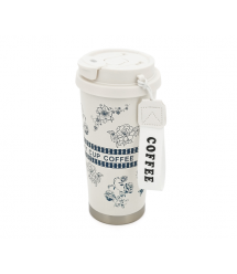 Термокухоль пластиковий Merlion Coffee, з трубочкою, об&aposєм 500мл., колба з нержавіючої сталі, біла з сірим