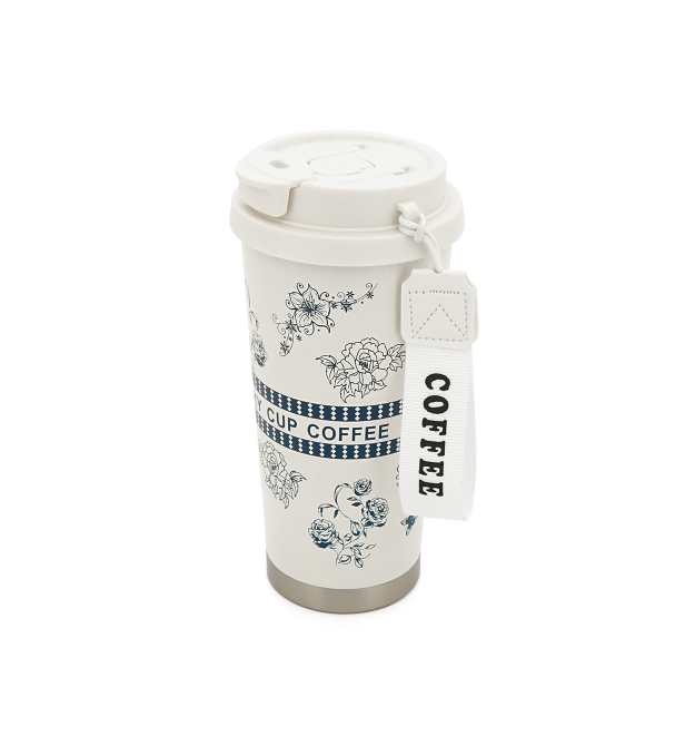 Термокухоль пластиковий Merlion Coffee, з трубочкою, об&aposєм 500мл., колба з нержавіючої сталі, біла з сірим