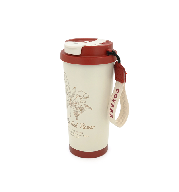 Термокухоль пластиковий Merlion Coffee, з трубочкою, об&aposєм 500мл., колба з нержавіючої сталі, білий з червоним