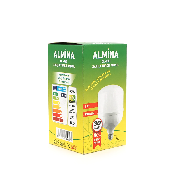 Лампочка з акумуляторами ALMINA DL-030, 220-240V, до 2 годин роботи, 4 години заряджання, 30W(300W), E27, 2700Лм, 6400K, Box
