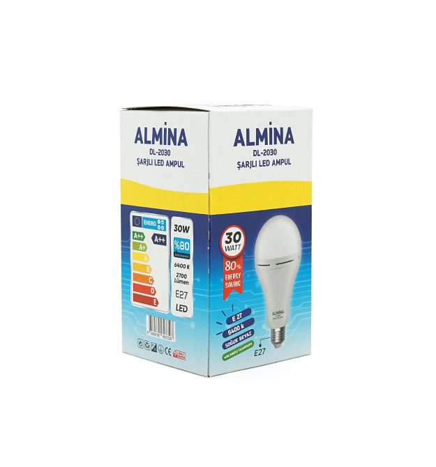 Лампочка з акумуляторами ALMINA DL-2030, 220-240V, до 2 годин роботи, 4 години зарядки, 30W(300W), E27, 2700Лм, 6400K, Box