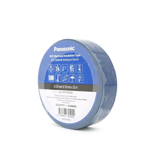 Ізолента ПВХ PANASONIC 0,125мм * 18мм * 20м (синя), діапазон робочих температур: від 0 С до + 90 С, Вогнестійка, 8 штук в упак