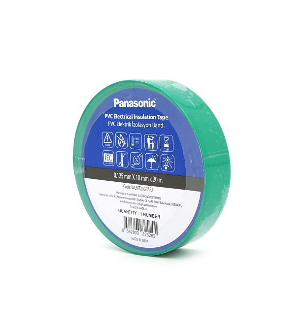 Ізолента ПВХ PANASONIC 0,125мм * 18мм * 20м (зелена), діапазон робочих температур: від 0 С до + 90 С, Вогнестійка, 8 штук в уп