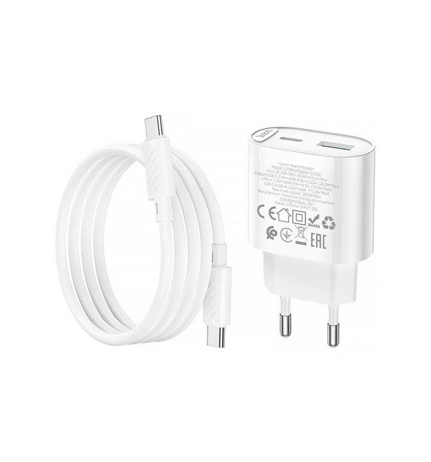 Набір СЗУ HOCO C109A + кабель Type-C - Type-C, 1xUSB+1xUSB-C, PD20W+QC3.0, кабель 1м, White, Box