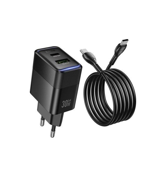 Набір СЗУ HOCO CS112A + кабель Type-C - Type-C 1xUSB+1xUSB-C, PD30W+QC3.0, кабель 1м, Black, Box