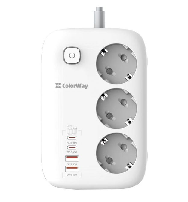 Сетевой фильтр СolorWay CW-CHE34PDW 3 розетки/4USB GaN3 Pro PD