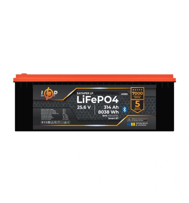 Акумулятор LP LiFePO4 25,6V -314 Ah (8038Wh) (BMS 200A/100А) пластик Smart BT