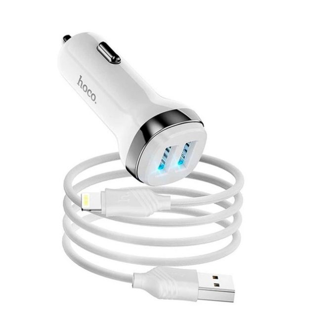 Набір АЗУ 12-24V HOCO Z40+ кабель Lighting, 2xUSB, 2.4A, кабель 1м, White, Box