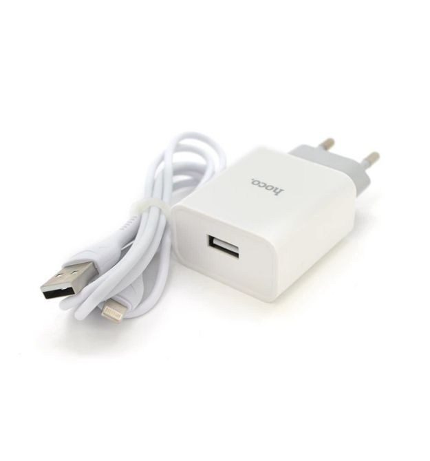 Набір СЗУ 110-240V HOCO C81A 1xUSB+ кабель Lighting, 2.1A, кабель 1м, White, Blister