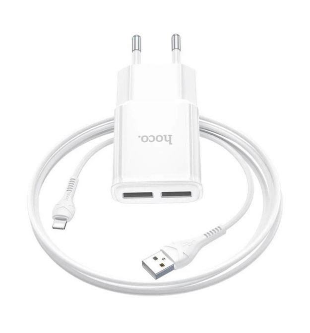Набір СЗУ 110-240V HOCO C88A+ кабель Lighting, 2xUSB, 2.4A, кабель 1м, White, Box