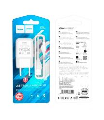 Набір СЗУ 110-240V HOCO C96A+ кабель Lighting, 1xUSB, 2.1A, кабель 1м, White, Blister
