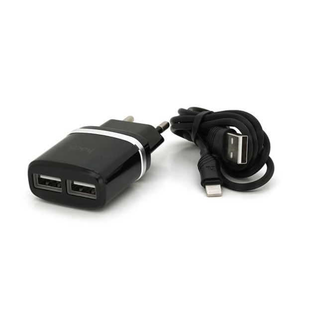 Набір СЗУ 110-240V HOCO C12+ кабель Lighting, 1xUSB, 2.4A, кабель 1м, Black, Blister