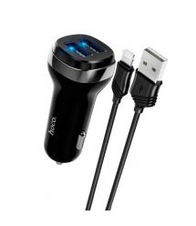 Набір АЗУ 12-24V HOCO Z40+ кабель Lighting, 2xUSB, 2.4A, кабель 1м, Black, Box