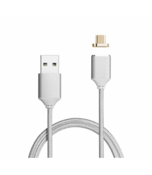 Магнитный кабель USB 2.0 - Micro, 1m, 2А, индикатор заряда, тканевая оплетка, съемник, Silver, Blister
