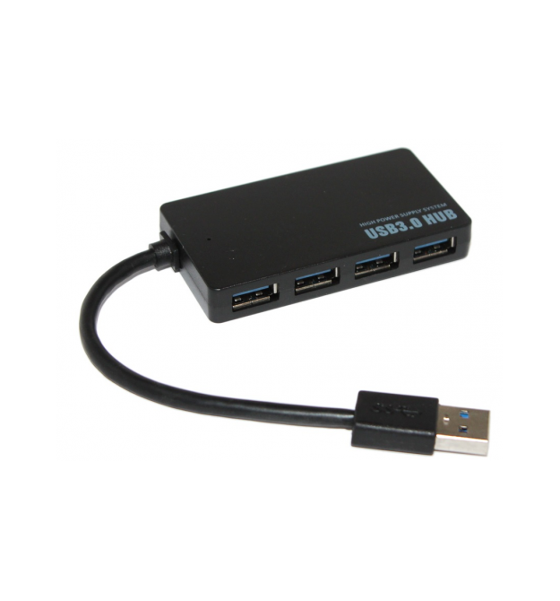 Хаб USB 3.0, 4 порта, плоский, черный, поддержка до 2TB, кабель 0,14м, Блистер