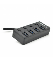 Хаб Type-C, 4 порта USB 3.0, 20 см, с кнопкой на каждый порт, Black, Blister