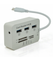 Хаб Type-C алюминиевый, 3 порта USB 3.0 + Card Reader, 20 см, White, Пакет