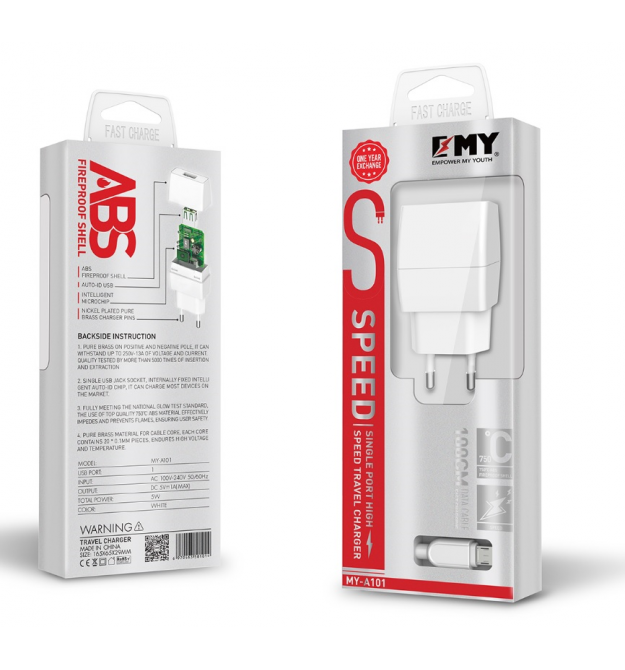 Набор 2 в 1 СЗУ With Micro-Usb Cable 110-240V MY-A101, 1 x USB, 5V / 5W, Output: 5V / 1A, White, Blister- box, Q25
