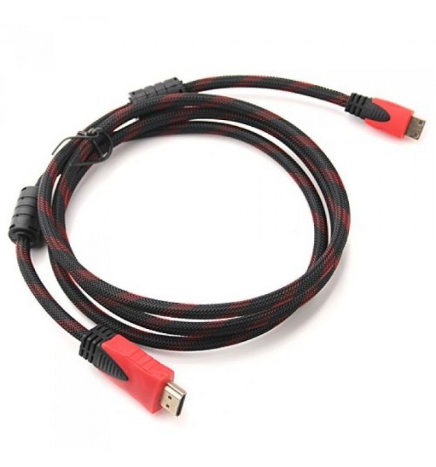 Кабель HDMI-HDMI 1.8m, v1.4, OD-7.4mm, 2 фильтра, оплетка, круглый Black / RED, коннектор RED / Black, (Пакет), Q200