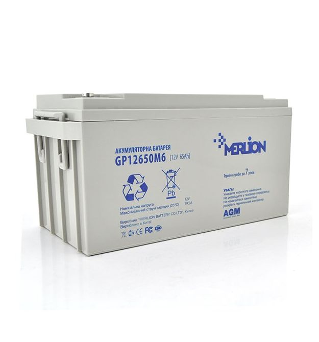 Аккумуляторная батарея MERLION AGM GP12650M6 12 V 65 Ah ( 360 x 180 x 220 ) 18 кг ( 350 x 170 x 180 (185) ) White / Black Q1