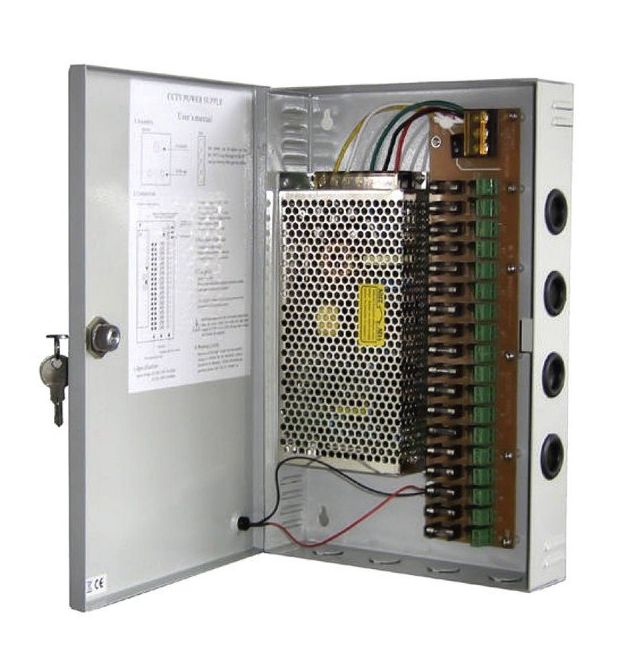 Імпульсний блок живлення 12V-30A/18CH у боксі із замком перфорований, 18-ти канальний, Q14