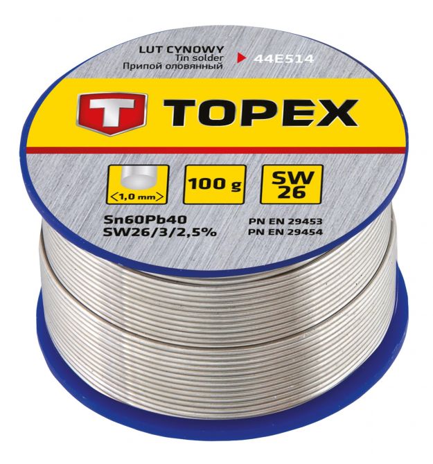 Topex Припій олов'яний, Sn60Pb40, флюс SW26, дріт 1мм, 100г