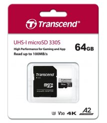 Карта памяти Transcend 64GB microSDXC C10 UHS-I U3 A2 R100/W85MB/s + SD