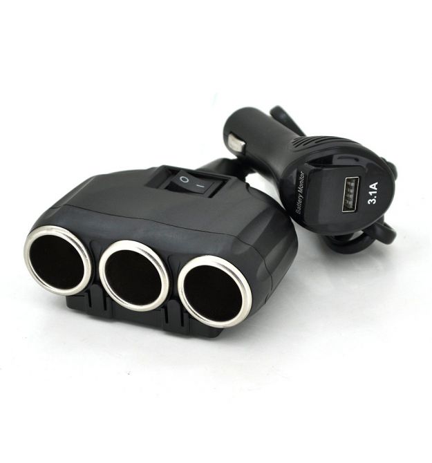 АЗУ разветвитель+ вольтметр Olesson 1634, 12V-3*12V+USB, Black, Blister