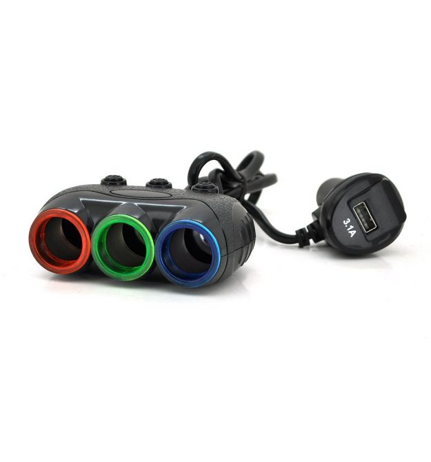 АЗУ разветвитель+ вольтметр Olesson 1633, 12V-3*12V+USB, Black, Blister