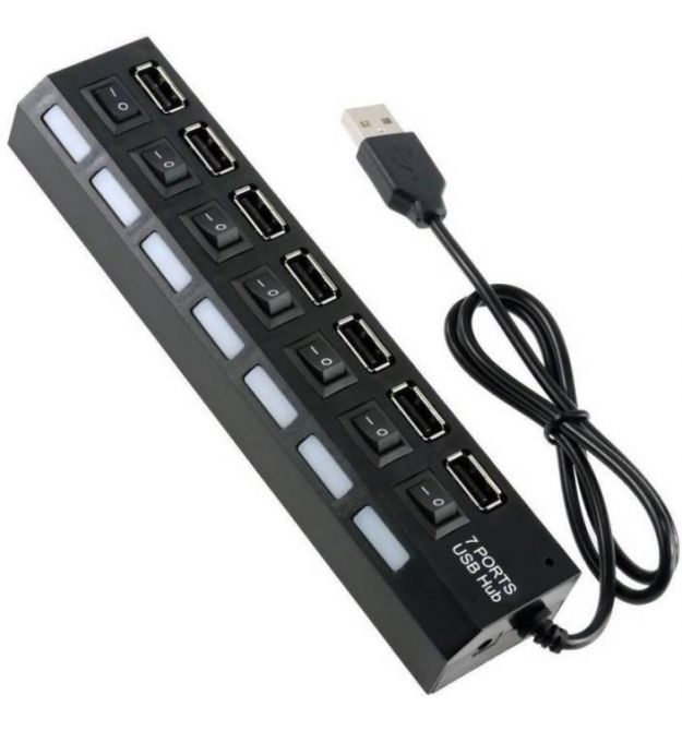 Хаб USB 2.0 7 портов с переключателями на каждый порт, Black, 480Mbts High Speed, питание от USB, Blister Q100