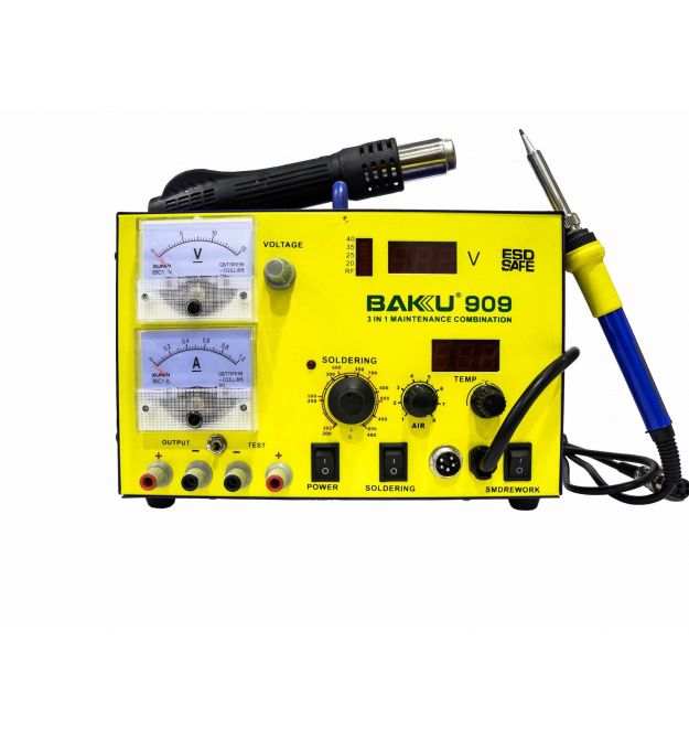 Паяльная станция BAKKU BK-909 цифровая индикация, паяльник + фен, с встроен. БП 0-15В 1А (320*298*238) 4,8 кг
