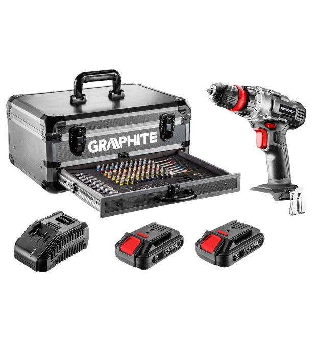 Шуруповерт-дрель GRAPHITE Energy+ SET, 18В, 2х2.0 Ач, 109ед.оснастки, кейс