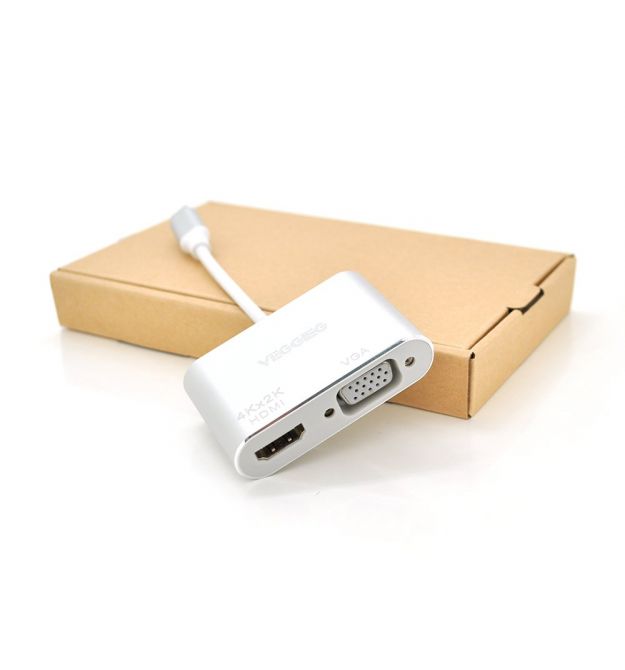 Хаб-конвертор Type-C (папа) на VGA(мама) + HDMI(мама), 10 см, Silver, Box