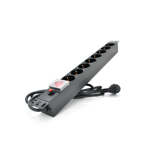 Подовжувач PiPo на 8 розеток з вимикачем + відсікач, 220В, Німецький тип, 1U 19 , алюмінієвий корпус, чорний Довжина кабелю 1,