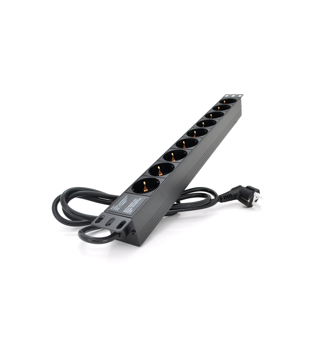 Удлинитель PiPo на 9 розеток с выключателем, 220В, немецкий тип, 1U 19 , алюминиевый корпус, черный, длина кабеля 1,8 м, Q25