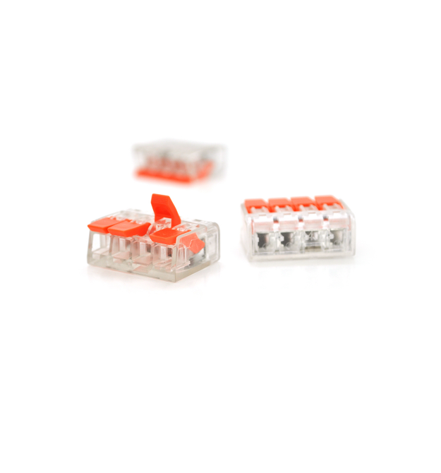 Клемма с нажимными зажимами 4-проводная WAGO K221-414 для распределительных коробок, 4-pin, прозрачно-оранжевая
