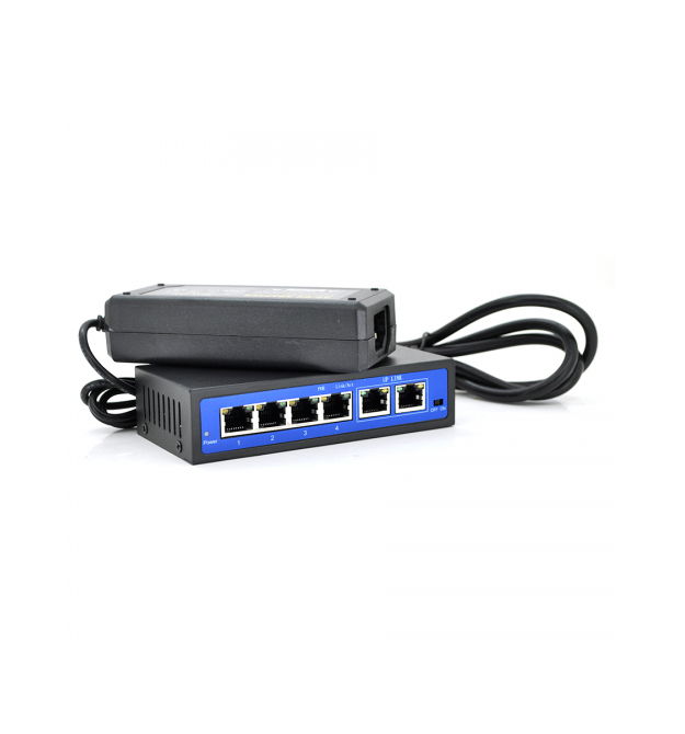 Коммутатор POE 48V с 4 портами POE 100Мбит + 2 порт Ethernet (UP-Link) 100Мбит, корпус - металл, Black, БП в комплекте, Q18