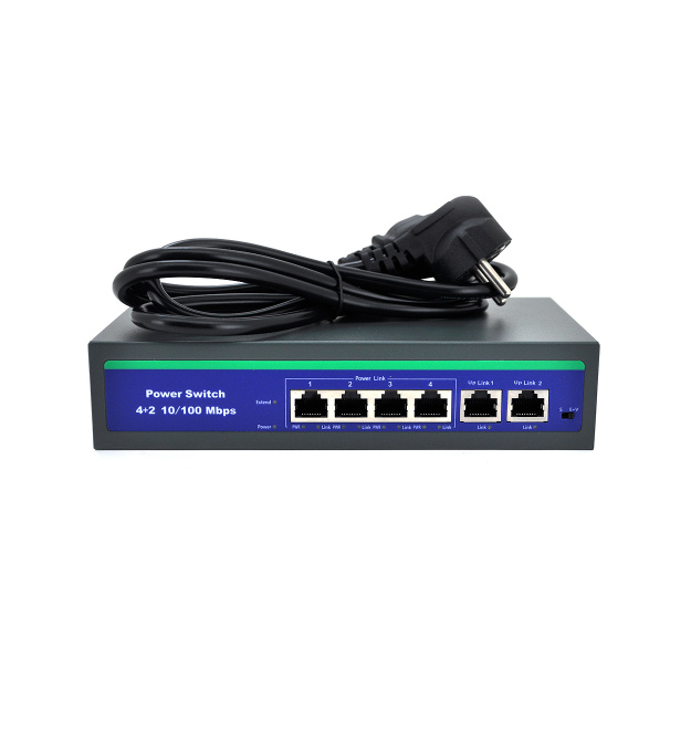 Комутатор POE 48V з 4 портами POE 100Мбіт + 2 порт Ethernet (UP-Link) 100Мбіт, корпус - метал, Black, БП вбудований, Q20