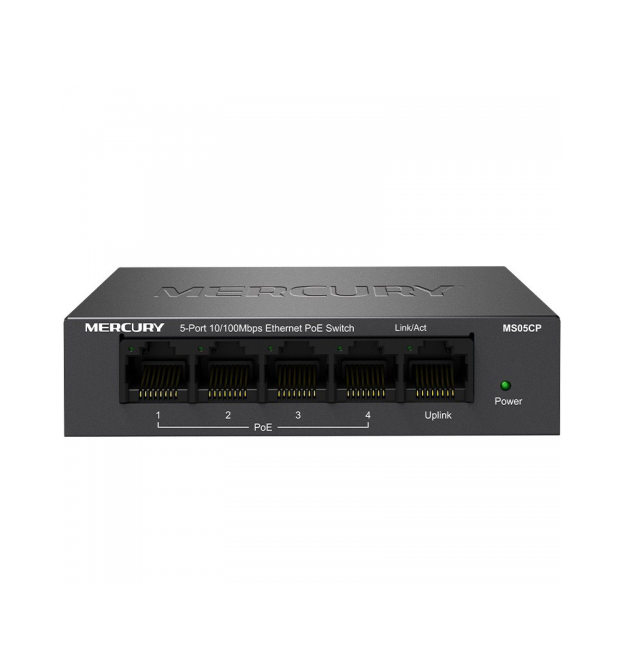 Коммутатор POE 48V Mercury MS05CP 4 портов POE+1 порт Ethernet (Uplink ) 10 - 100 Мбит - сек, БП в комплекте