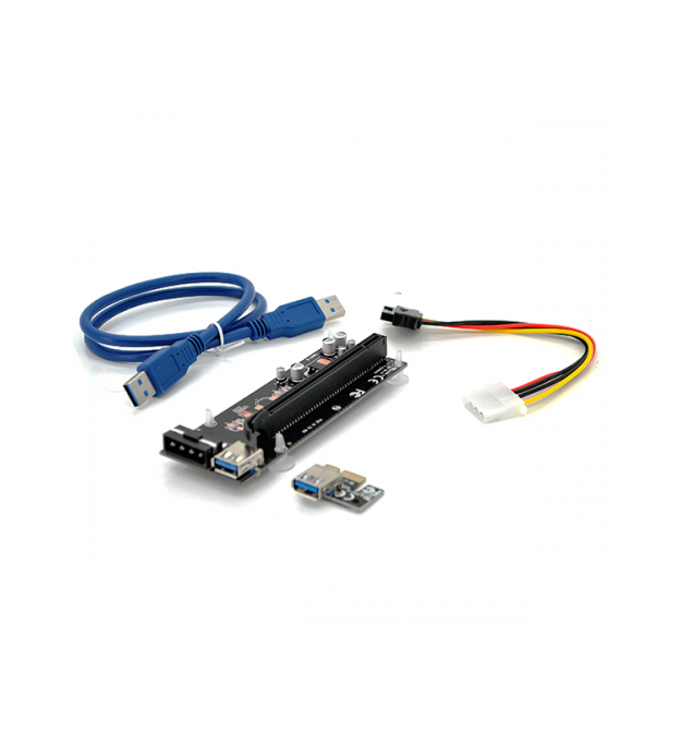 Riser PCI-EX, x1-x16, 4-pin MOLEX, SATA-4Pin, USB 3.0 AM-AM 0,6 м (синій), конденсатори PS 100 16V, Пакет